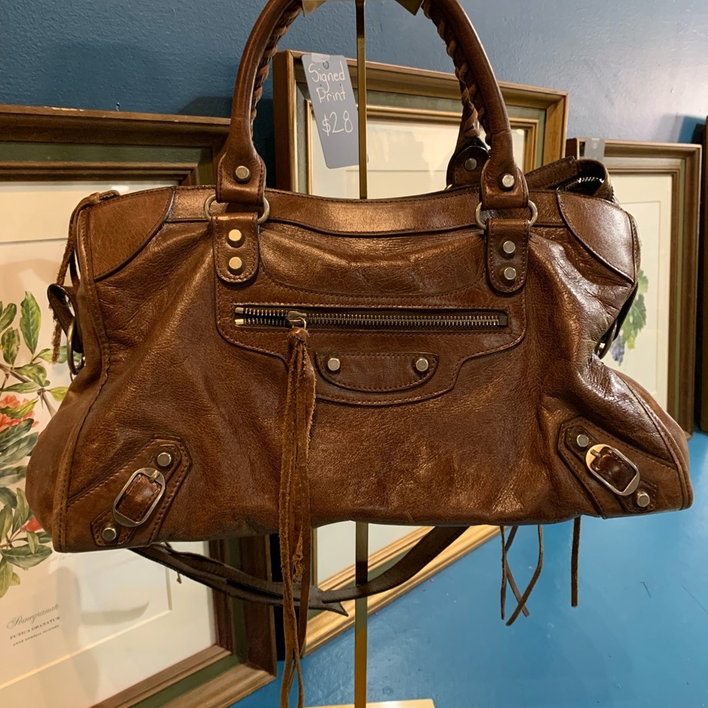 Balenciaga Brown Shoulder Bag with Distressed Leather and Adjustable Straps